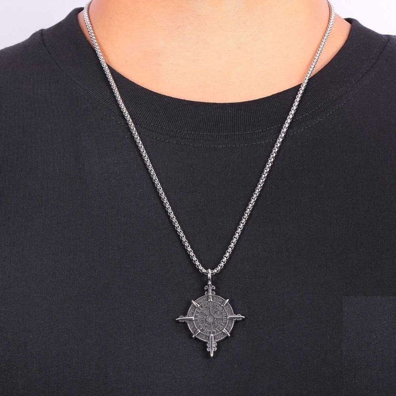 [X C Kalung] Baru Silvery Vintage Viking Rune Jimat Salib Liontin Punk Hip Hop Stainless Steel Kalung Hadiah Pesta Ulang Tahun Untuk Pria Dan Wanita