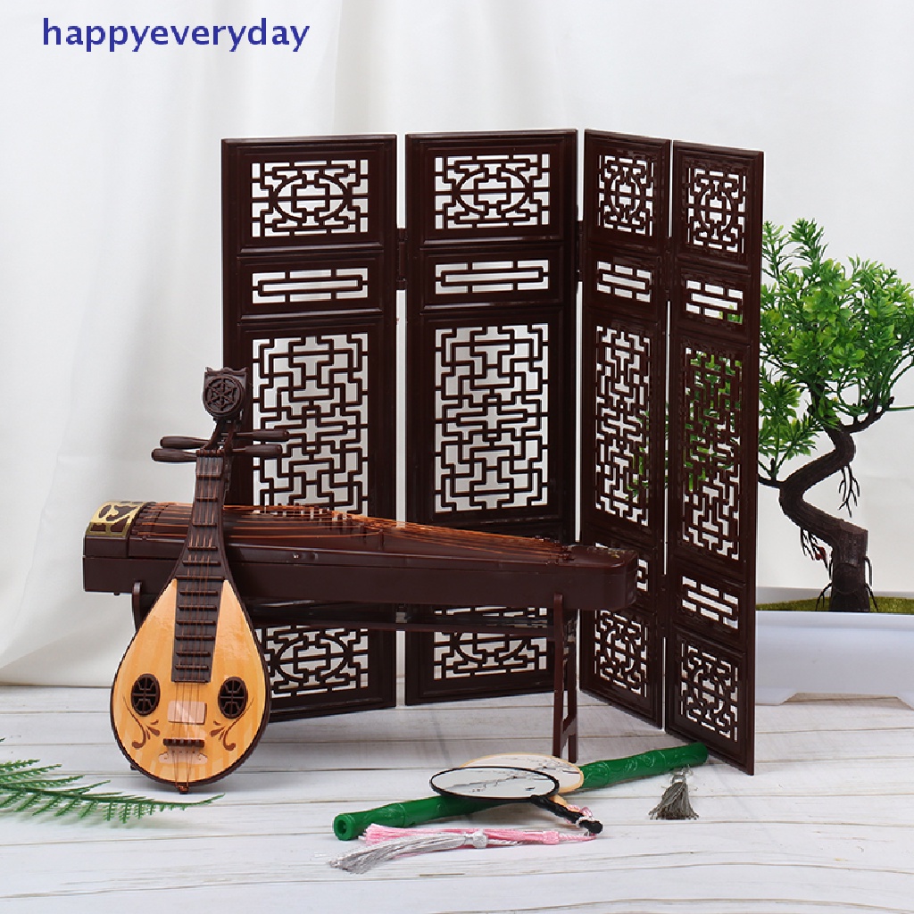 [happy] Rumah Boneka Miniatur Suling Layar Lipat Lute Guzheng Kipas Ornamen Pemandangan Kehidupan [ID]