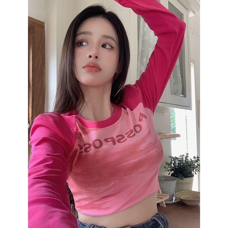 Red Lengan Raglan Warna Sesuai dengan Lengan Panjang T-shirt Wanita Musim Semi Korea Versi Baru Slim Slim Pendek Surat Dicetak bahan Katun