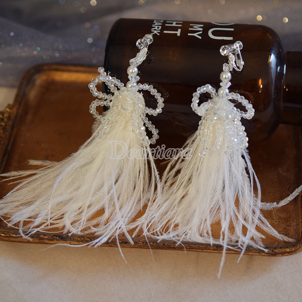 Anting Pengantin Wanita Super Abadi Premium Kristal Earclip Wedding Feather Style Earrings Handmade Manik