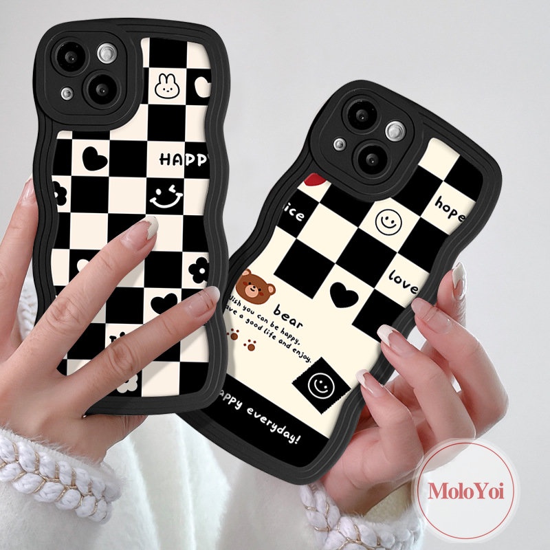 Chessboard Cute Bear Case Kompatibel Untuk iPhone 7Plus 11 14 13 12 Pro Max 14 6s 6 7 8 Plus XR X XS Max SE 2020 Wavy Edge Lembut Tpu Pasangan Smile Love Heart Cover