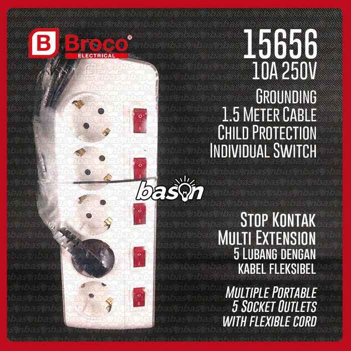 BROCO 15656 Stop Kontak Arde 5 Lubang Slanting + Kabel 1.5Meter + Saklar Individual