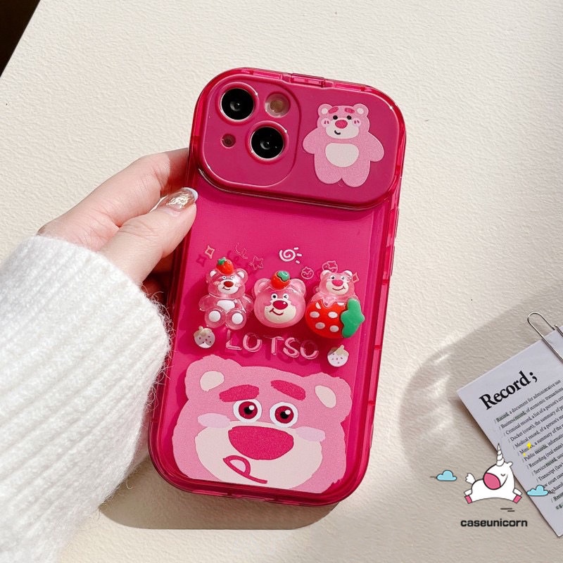 Casing Kartun Manyo Case Kompatibel Untuk iPhone 11 Pro Max7 8 14 Plus 7Plus 14 12 13 Pro MAX XR X XS MAX SE Beruang Strawberry Lucu 3D Mainan Flip Make Up Cermin Shockproof Soft Cover