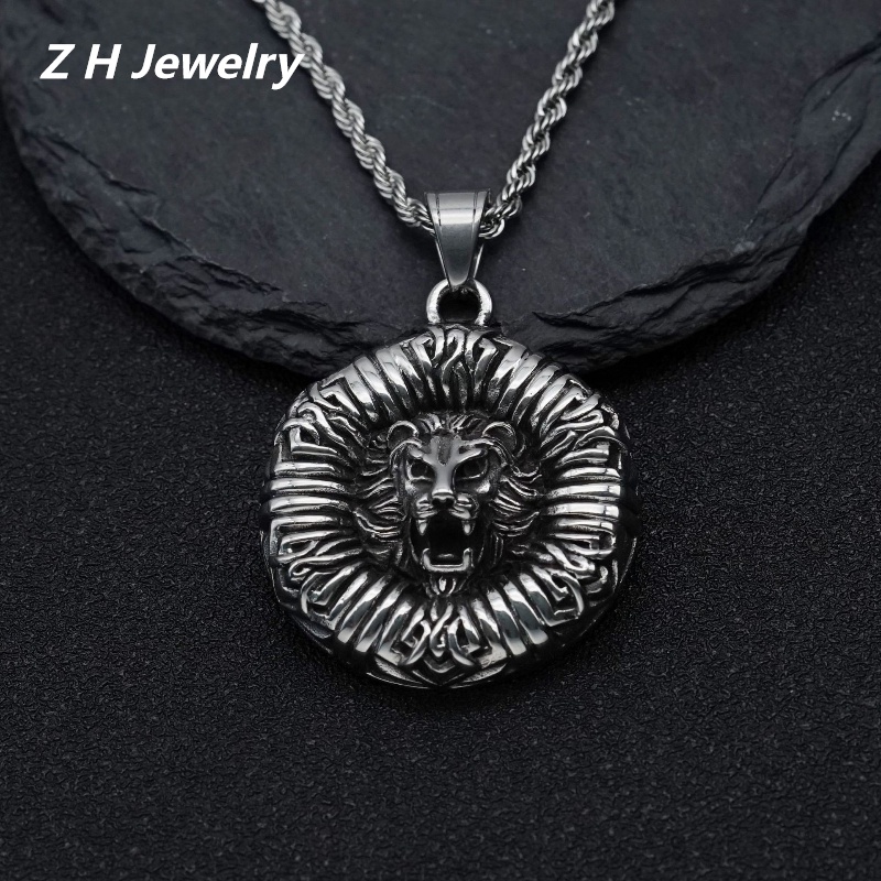 [Z H Perhiasan] Vintage Hip Hop Hexagon Lion Pendant Fashion Pria Dan Wanita Anti Karat Kalung Punk Pesta Rock Titanium Steel Perhiasan Aksesoris