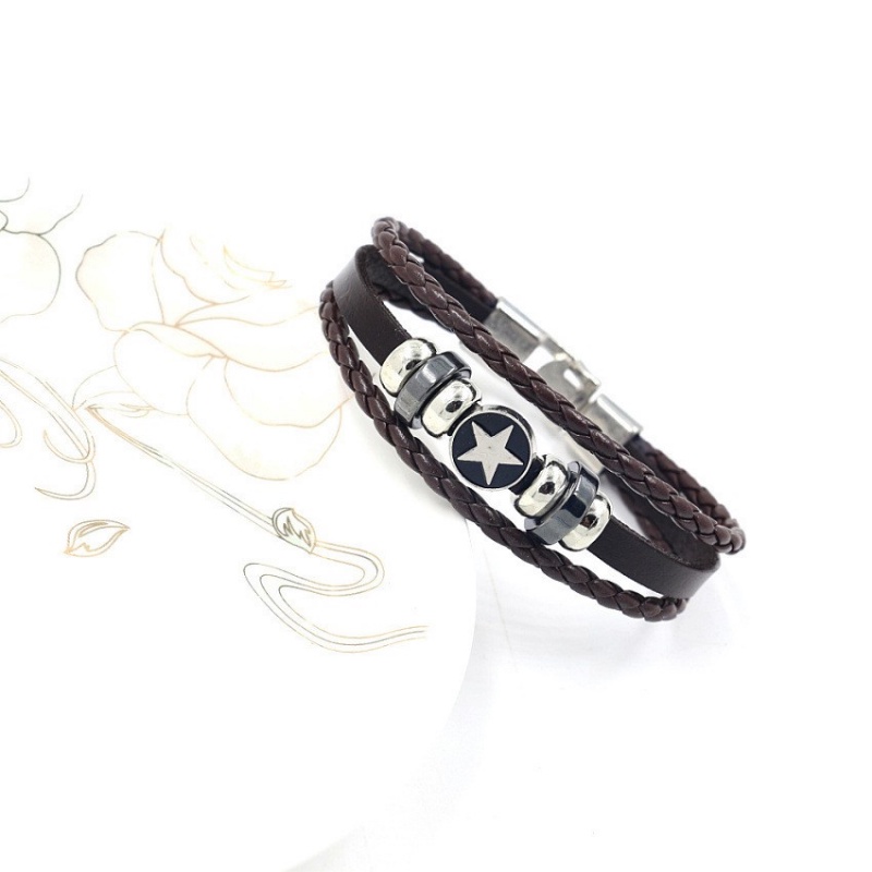 [X C Gelang] Baru Lima Titik Bintang Gaya Gelang Hitam Kulit Vintage Hip Hop Punk Gelang Kulit Cuffles Manik-Manik Multilayer Zinc Alloy Anyaman Gelang