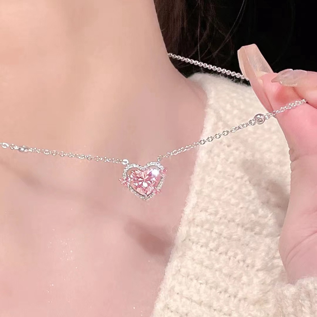 Kalung Hati Batu Permata Pink Mewah Untuk Wanita Elegan Zirkon Rantai Liontin Kalung Perhiasan Aksesoris