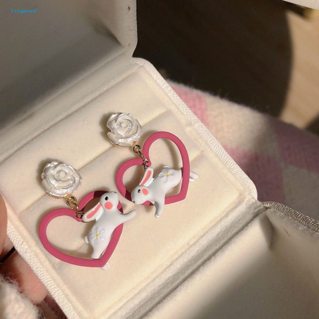 Lilyscent 1pasang Anting Stud Tahan Luntur Aksesoris Pakaian Wanita Pink Hati Kelinci Drop Earrings Bentuk Hewan