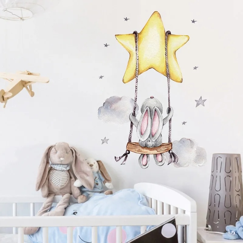 Lucu Kartun Kelinci Swing on The Stars Stiker Dinding/DIY Self-adhesive Big Golden Star Wall Decals Untuk Dekorasi Kamar Anak