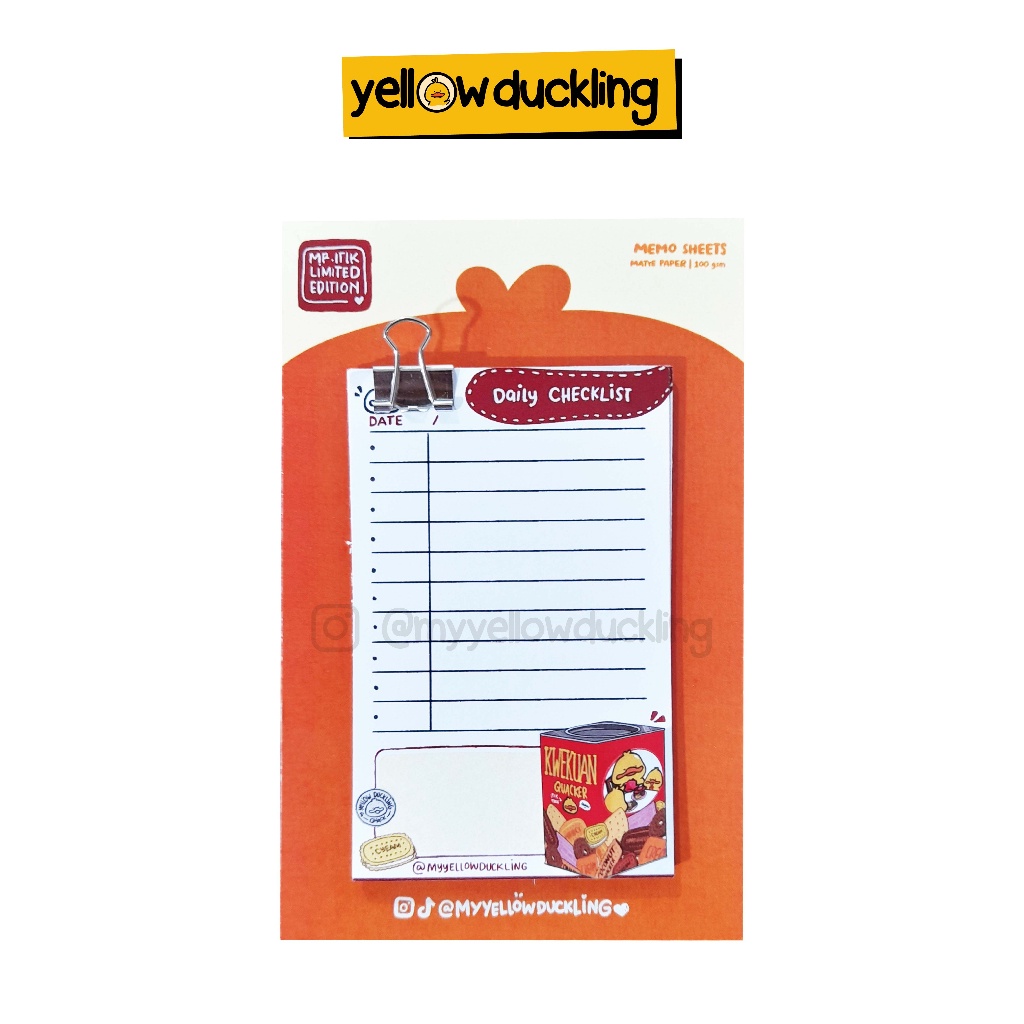 

MEMO PAD - KWEKUAN KWEK KUAN BISQUIT LEBARAN - YELLOW DUCKLING - KERTAS MEMO - STATIONARY STATIONERY - BUKU CATATAN / ALAT TULIS - KAWAII MEMO DUCK BEBEK MURAH - GIFT IDEA - KADO LUCU - PERLENGKAPAN SEKOLAH MURAH - BISKUIT TO DO LIST
