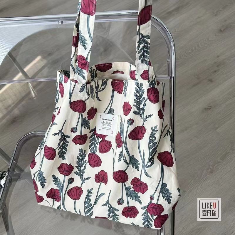 □Sera  Buatan Sendiri Versi Korea Niche Retro Perancis Poppies Bunga Seni Tas Bahu Tunggal Kasual Tas Kain Kapasitas Besar