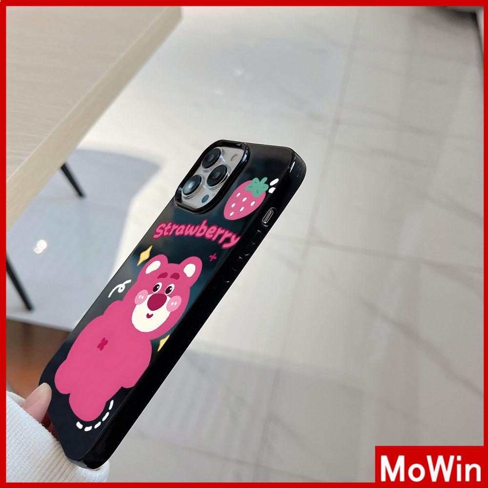For iPhone 14 Pro Max iPhone Case Black Glossy TPU Soft Case Shockproof Protection Camera Strawberry and Bear Compatible with iPhone 13 Pro max 12 Pro Max 11 xr xs max 7Plus 8Plus