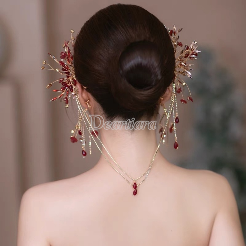 Bridal Hair Band Earrings Set Gaun Pernikahan Berlian Imitasi Hiasan Kepala Seri Sen Aksesoris Rambut Pernikahan Gaya Rantai Aksesoris Rambut