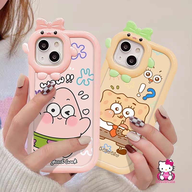 IPHONE Kartun Patrick Star SpongeBob Pasangan Case Kompatibel Untuk Iphone11 14 13 12 Pro Max X XS XR Max 7Plus 8 7 6s 6 Plus SE 2020 Lucu 3D Ikatan Simpul Little Monster Lens Soft Tpu Cover