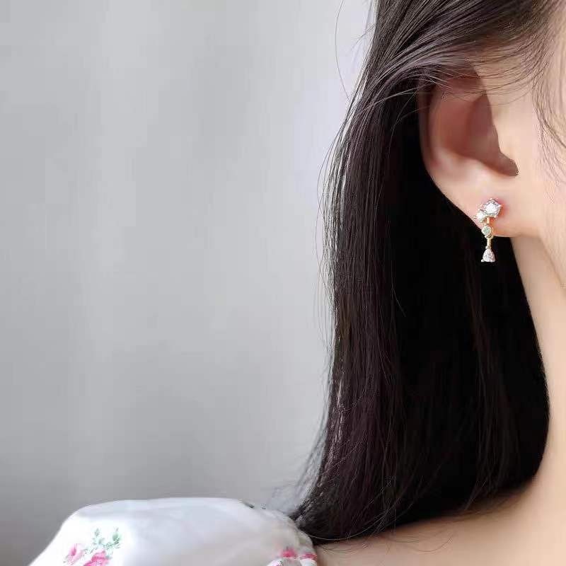Papaozhu Mewah S925 Perak Bersinar Zirkon 14 K Emas Menjuntai Anting-Anting Untuk Wanita Perempuan Elegan Berkilau Kristal Stud Anting-Anting Temperamen Perhiasan Telinga Pacaran Makan