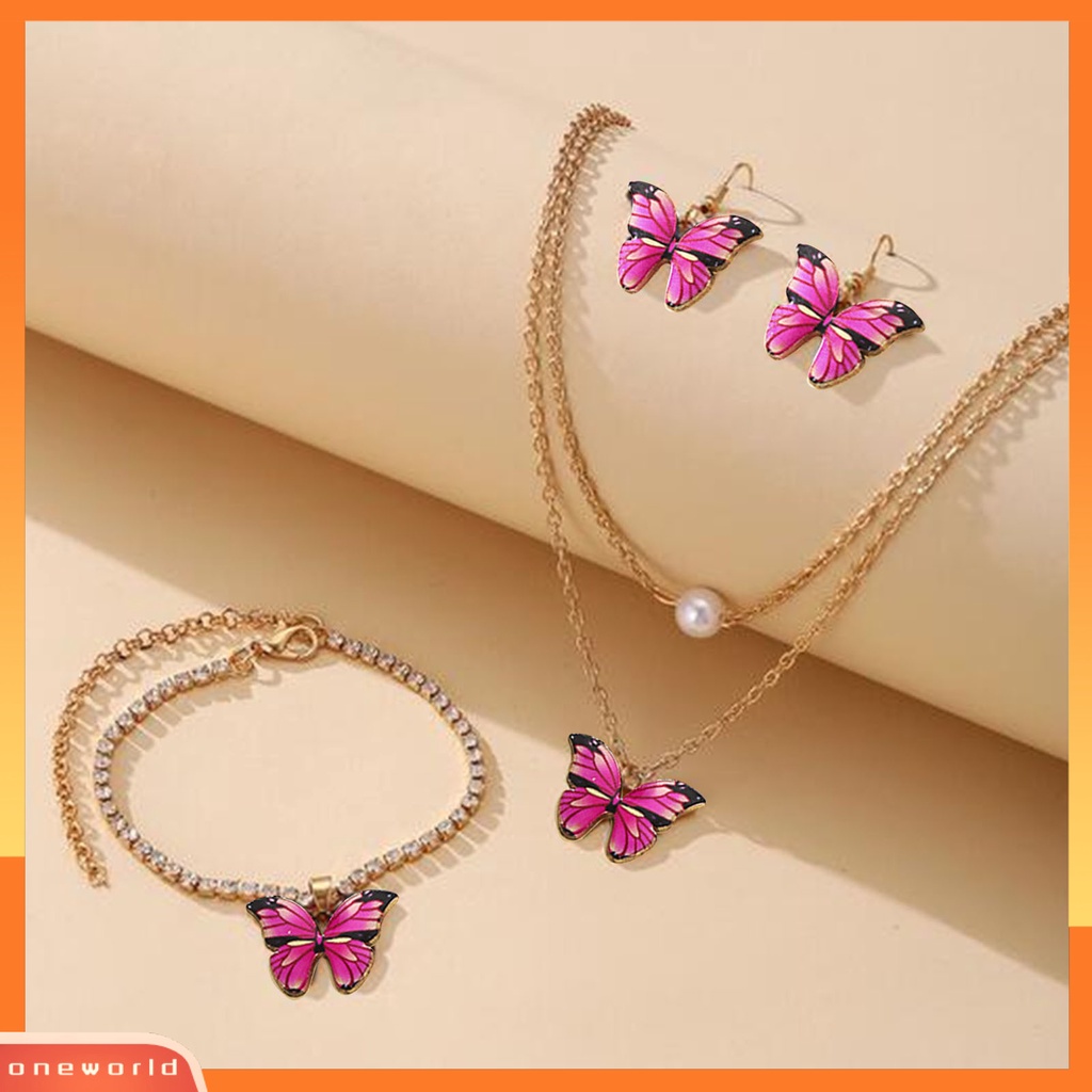 [ONE] 3 Pcs/Set Perhiasan Pesta Mutiara Imitasi Merah Muda Tua Kupu-Kupu Electroplating Jewelry Set Kalung Anting Gelang Wanita Aksesori