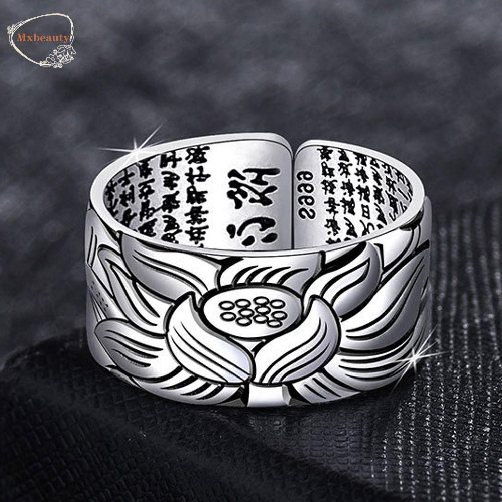 Mxbeauty Man Cincin Warna Perak Keren Bunga Gothic Terbuka Buddhistic Heart Sutra Fashion Perhiasan