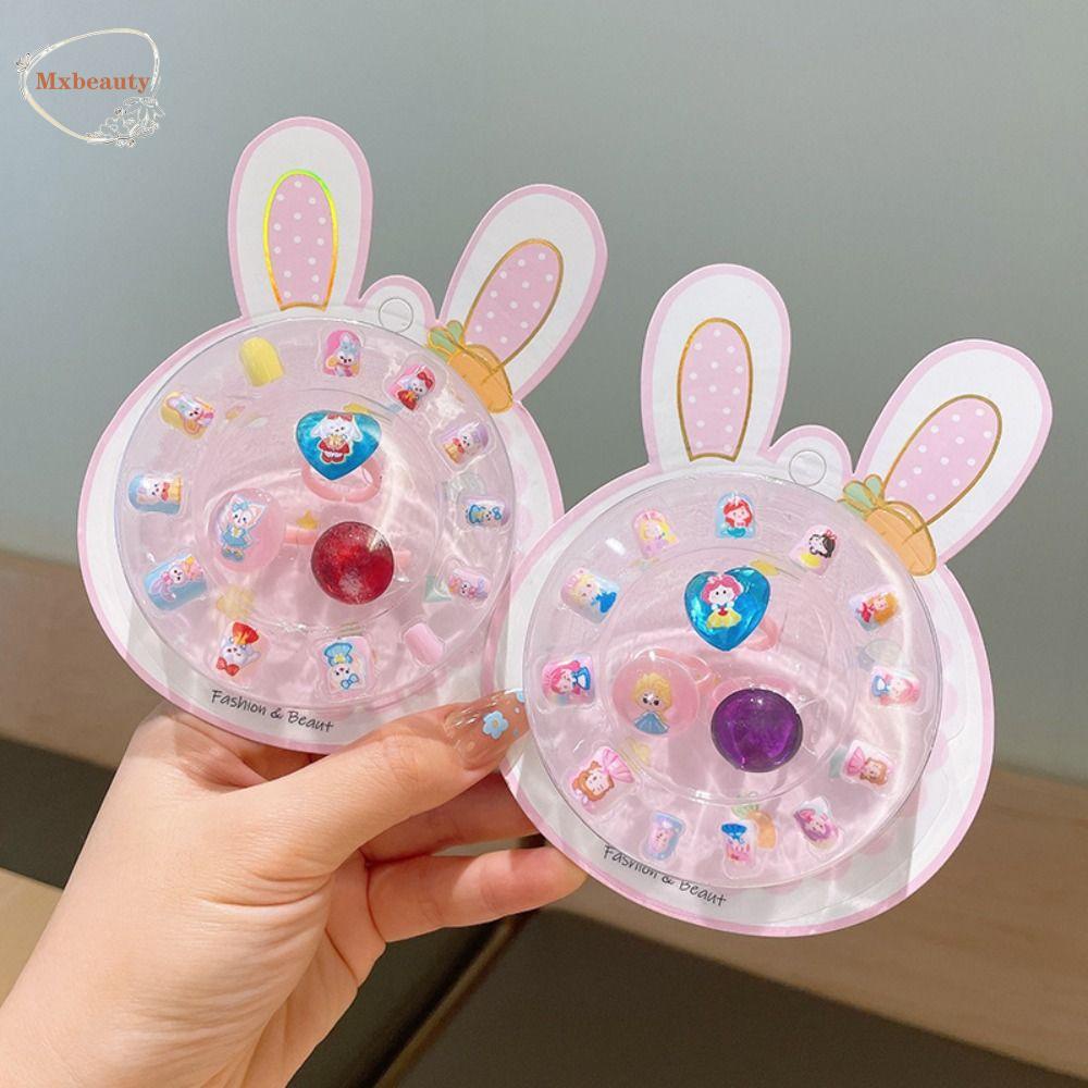Mxbeauty Tempelan Kuku Dengan Cincin Lucu Cocok Untuk Anak-Anak Dengan Princess Ring Kuku Kelinci Kartun Anak Kuku Palsu