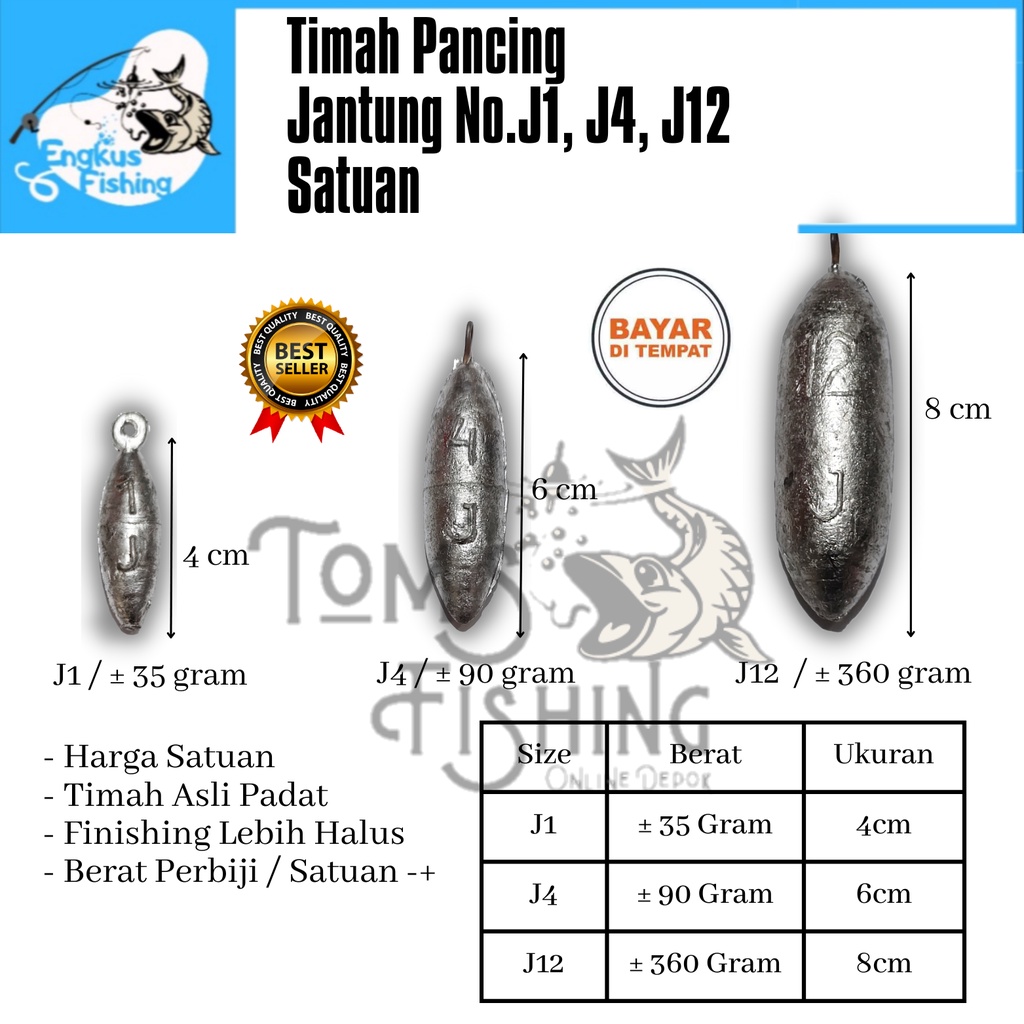 Timah Pancing Jantung Satuan / Perbiji (J1/35gram, J4/90gram, J12/360gram) Murah - Engkus Fishing