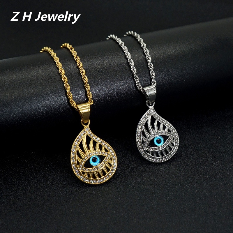 [Z H Perhiasan] Retro 18K Emas Disepuh Beruntung Mata Dewa Liontin Permata Fashion Pria Anti Karat Kalung Liontin Hip Hop Pesta Baja Titanium Perhiasan Aksesoris Grosir