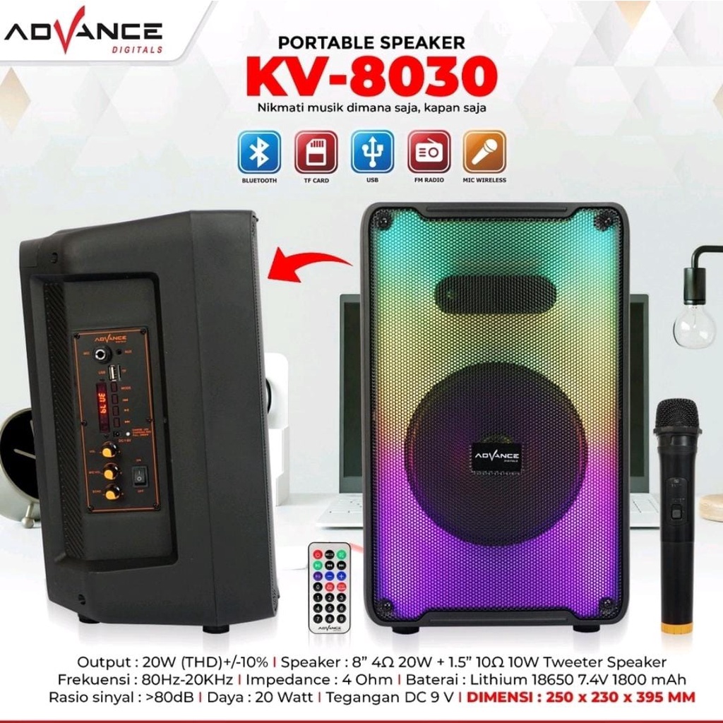 ADVANCE KV-8030 SPEAKER PORTABLE BLUETOOTH 8 INCH ORIGINAL
