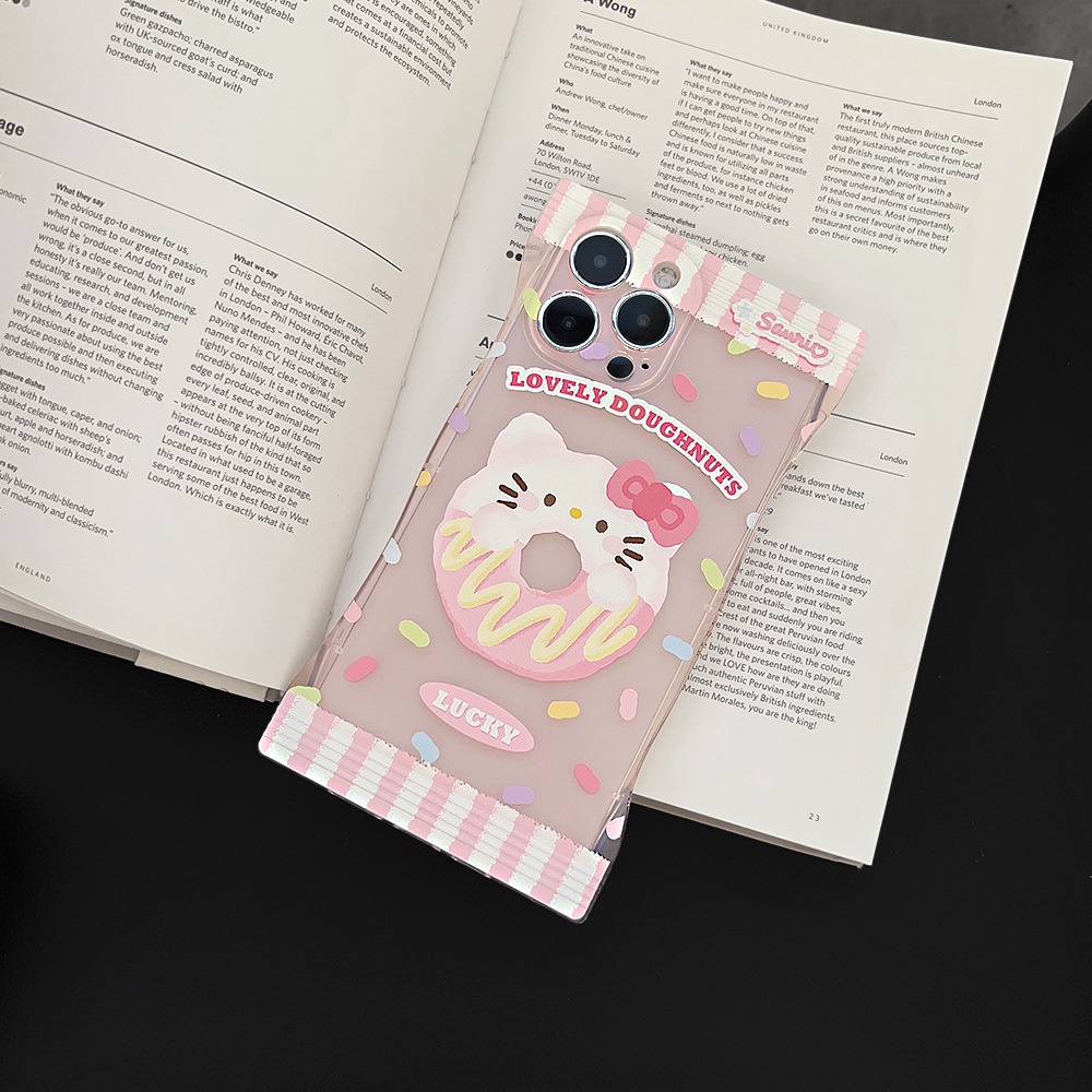 IPHONE Tas Paket Desain Phone Case Cover Donat Kitten Transparan Lucu Pink Untuk Iphone11 12 13 14 PLUS PRO MAX