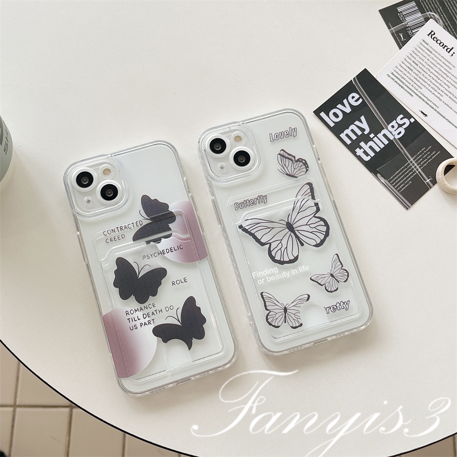 Redmi A1 Plus 10C 10A 10 9A 9C 9 9T Note 11s 10s 9s 11 10 9 8 Pro Poco X3 NFC X3Pro Mi 11 12 Lite 11T Pro Ins Black Butterfly Card Holder Phone Case Clear TPU Pelindung Lembut Sarung