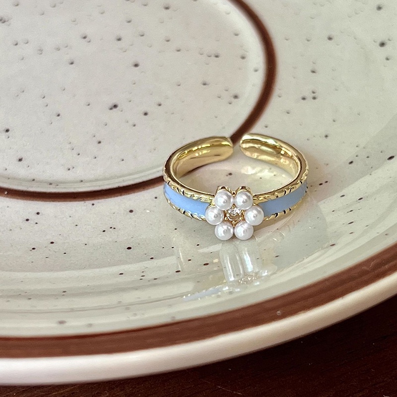 Cincin Geometris Bunga Bahan Alloy Mutiara Fashion Untuk Wanita