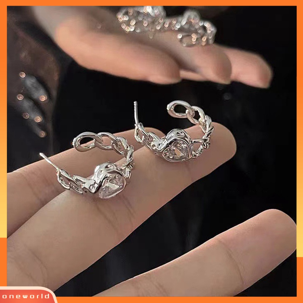 [EONE] 1pasang Arch Hollow Rantai Piercing Wanita Anting Hias Bentuk Hati Cubic Zirconia Ear Studs Pesta Perhiasan