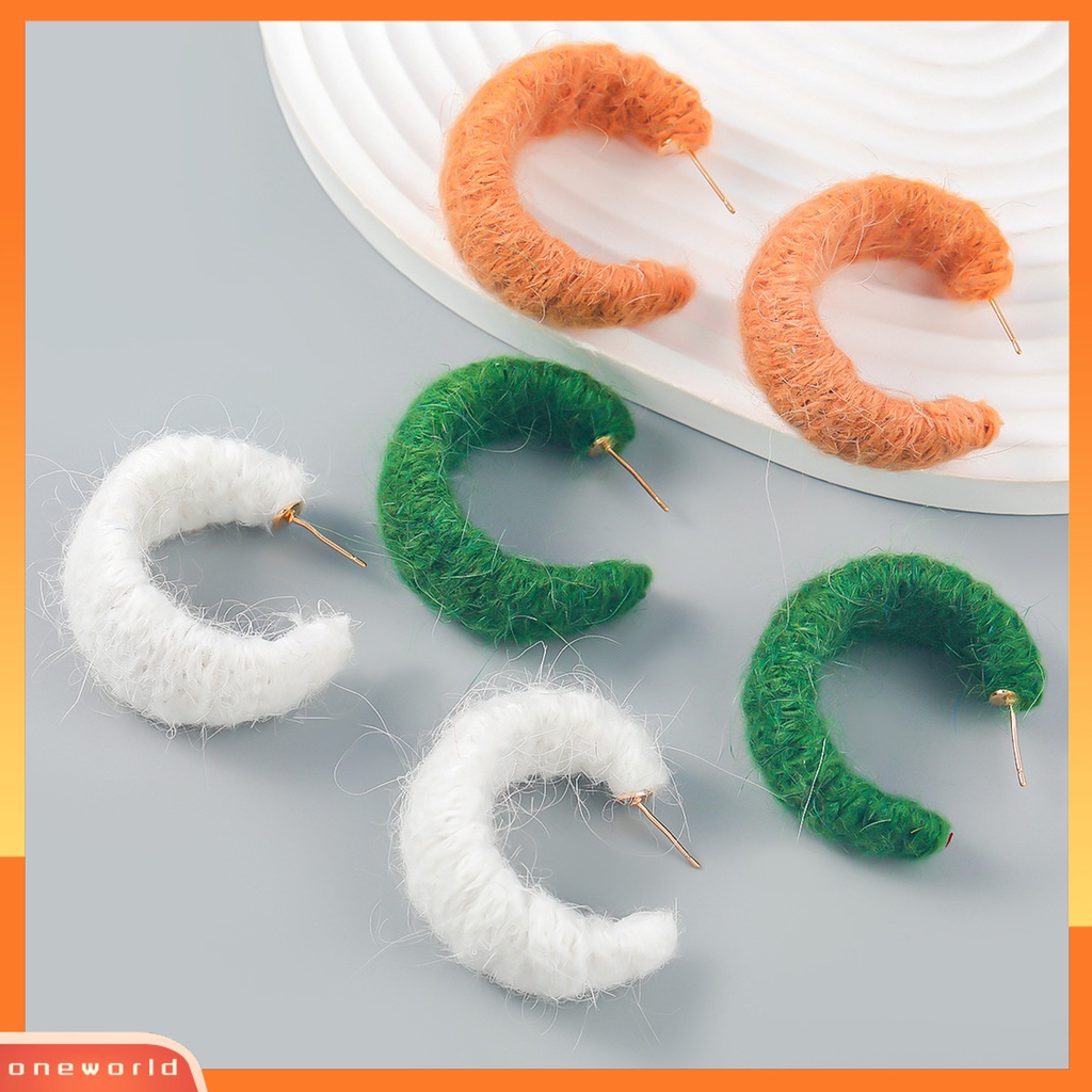 [EONE] 1pasang Anting Pejantan Berbentuk C- Handmade Benang Katun Dikepang Geometris Hadiah Musim Gugur Musim Dingin Warna Solid Setengah Hoop Wanita Anting-Anting Fashion Perhiasan