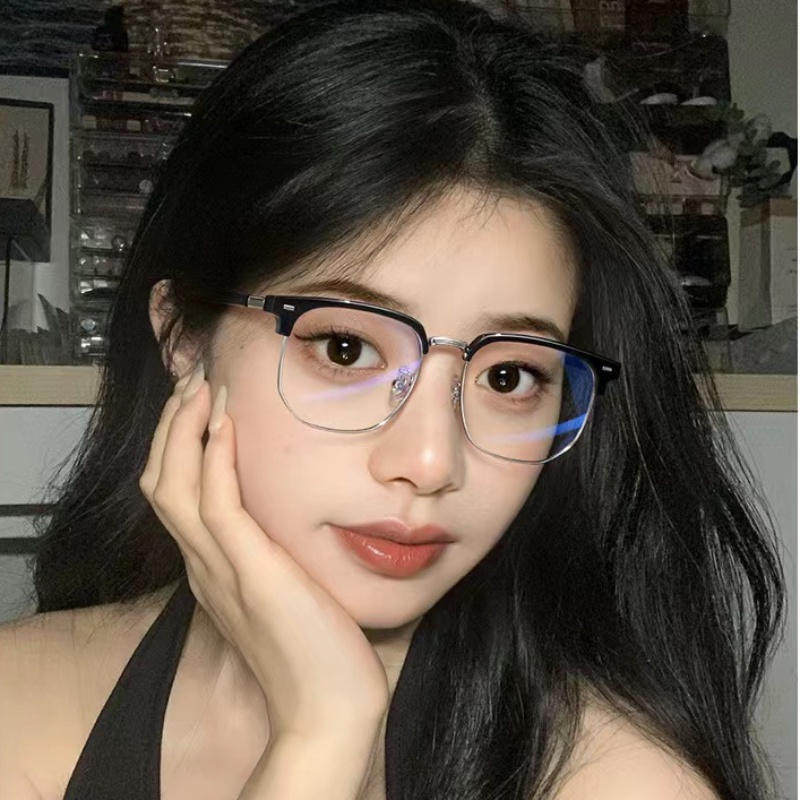 (YUZHU) Selesai Miopia Kacamata Korea Fashion Logam Setengah Bingkai Anti Cahaya Biru Kacamata Lensa Yang Dapat Diganti Kacamata Bingkai Alis