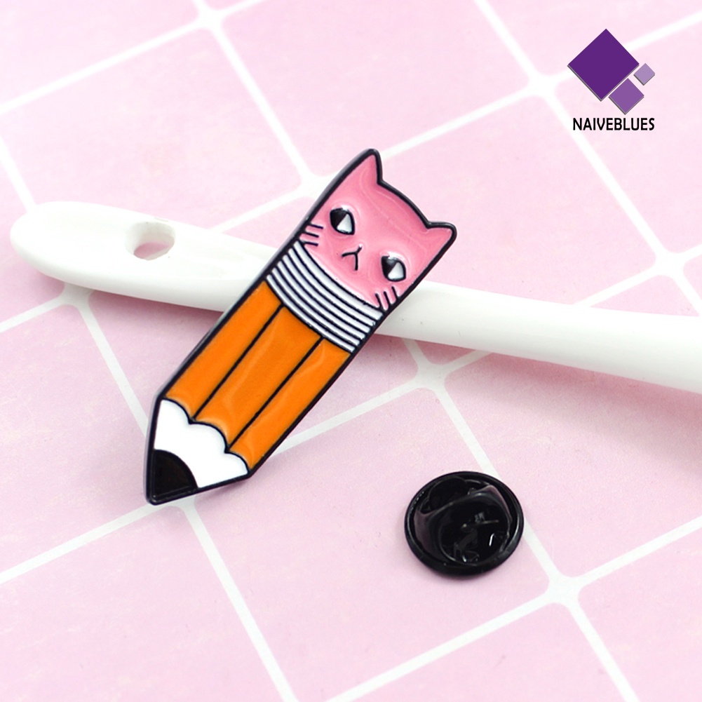 &lt; Naiveblues &gt; Pensil Lucu Dengan Penghapus Wajah Kucing Pin Bros Logam Lencana Denim