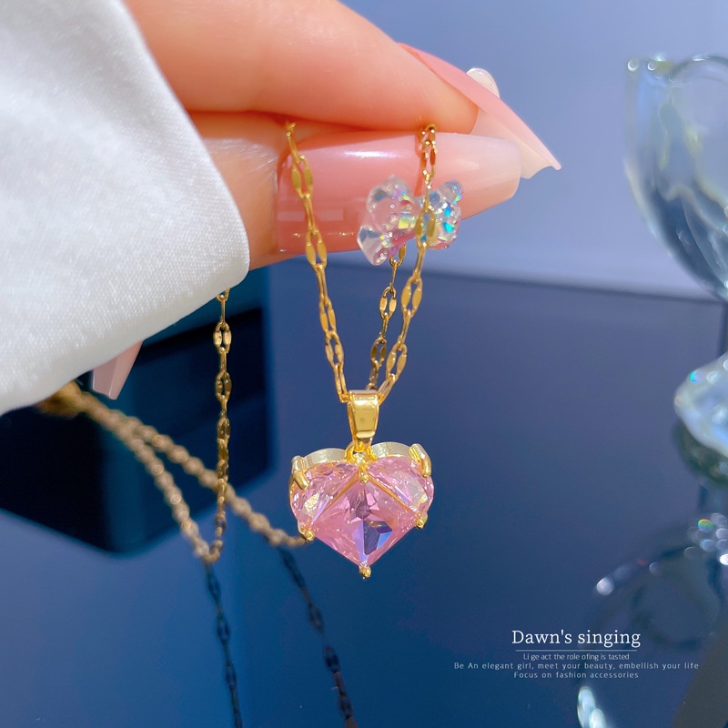 Kalung Hati Kristal Pink Korea Zirkon Merah Muda Liontin Cinta Kalung Colorfast Titanium Necklace