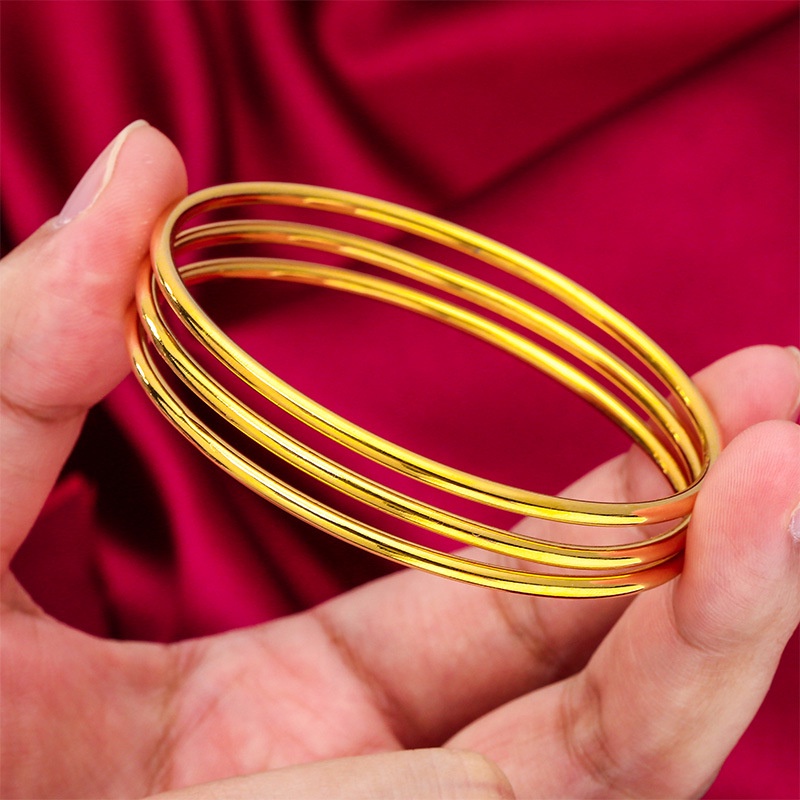 Goldkingdom Perhiasan Fashion 24K Bangkok Aksesoris Ready Stock 2.3mm Wanita Gelang Tebal Glossy Three-Life Bracelet