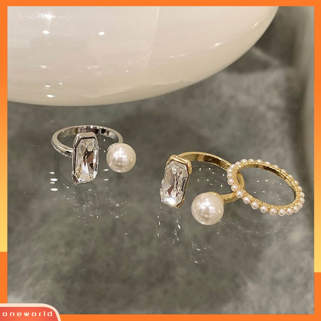 [EONE] Cincin Jari Telunjuk Tidak Luntur Elektroplating Adjustable Geometris Cubic Zirconia Dekorasi Hypoallergenic Trendi Mutiara Imitasi Terbuka Cincin Pacaran Memakai