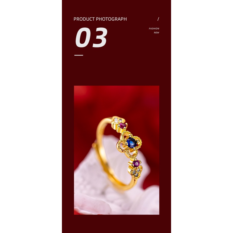 Goldkingdom Perhiasan Fashion 24K Bangkok Aksesoris Ready Stock Empat Daun Rumput Berlian Cincin Wanita Berlapis Emas Serbaguna Ring