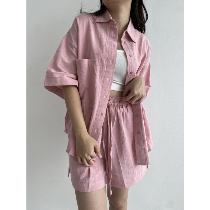 Michi Linen Set | Setelan Kemeja Celana Pendek Karet Bahan Linen - Denim