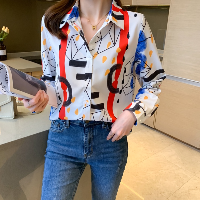 2023 New Fashion Korean White Long Sleeve Women Shirt Personalized Print Casual OL Work Party Tops Clothes