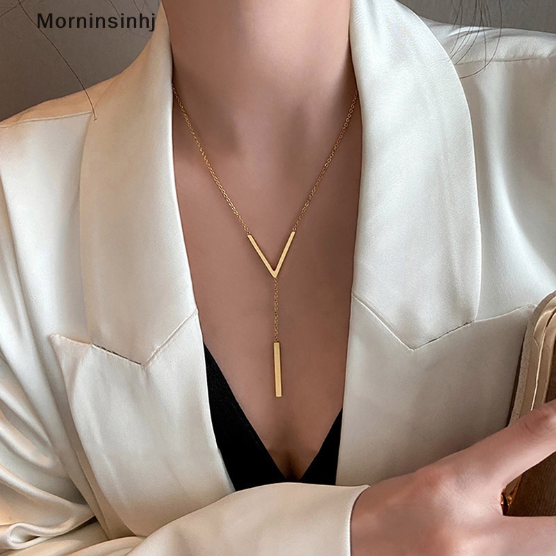 Mornin Stainless Steel V-Shaped Panjang Seksi Klavikula Kalung Wanita Dan Anak Perempuan Anti Karat Warna Emas Rantai Kalung Pesta Perhiasan id