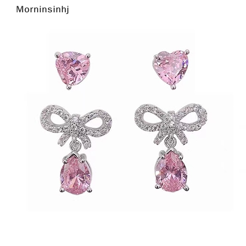 Mornin 1/2pasang Bersinar Pink Zirkon Tetesan Air Busur Stud Anting Perhiasan Hati Romantis id