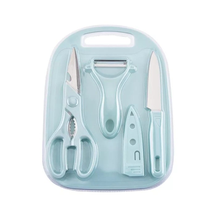 Pisau Set Talenan 4 in 1 Gunting Peeler Talenan Pisau Set Dapur Lengkap Potong Buah Sayur Daging Stainless Steel Plastic