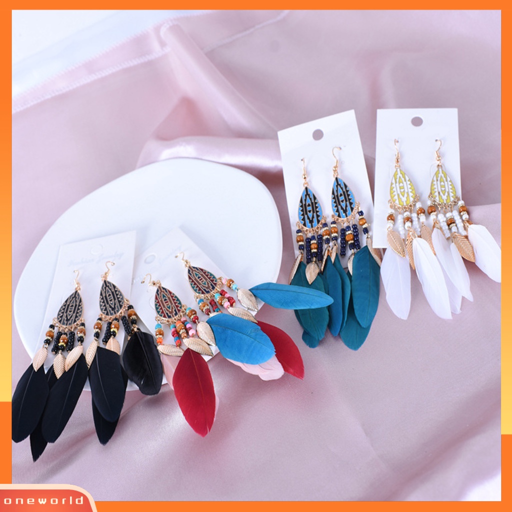 [EONE] 1pasang Anting Kait Gaya Etnik Tetesan Air Liontin Manik-Manik Kepribadian Eye-catching Dekorasi Hypoallergenic Buatan Bulu Vintage Menjuntai Anting-Anting Perhiasan Aksesori