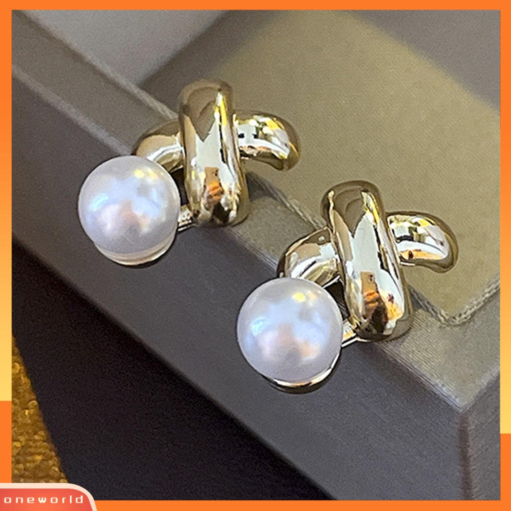 [EONE] 1pasang Ear Studs Electroplating Golden Cross X Shape Geometris Elegan Mini High Gloss Mutiara Imitasi Wanita Anting Fashion Perhiasan