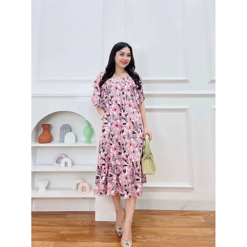 Aruna Dress Wanita Rayon Viscose Premium Baju Wanita Lengan Pendek Maxidress Kekinian LD 110 cm