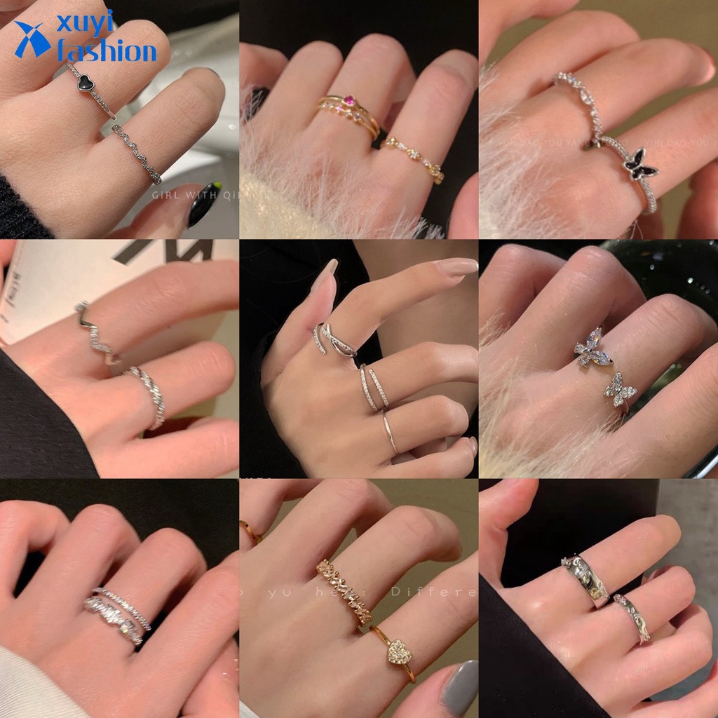 Y2k Zirkon Kupu-Kupu Cincin Emas Perak Hati Set Berlian Rings Untuk Wanita Aksesoris Fashion Perhiasan