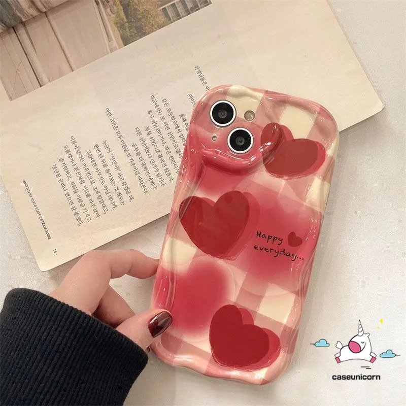 Casing Ponsel Kompatibel Untuk iPhone 7Plus XR 11 14 12 13 Pro Max X 7 8 6s 6 Plus XS Max SE 2020 Ins Fashion Love Heart 3D Wavy Curved Edge Shockproof Lembut Glossy Penutup Belakang