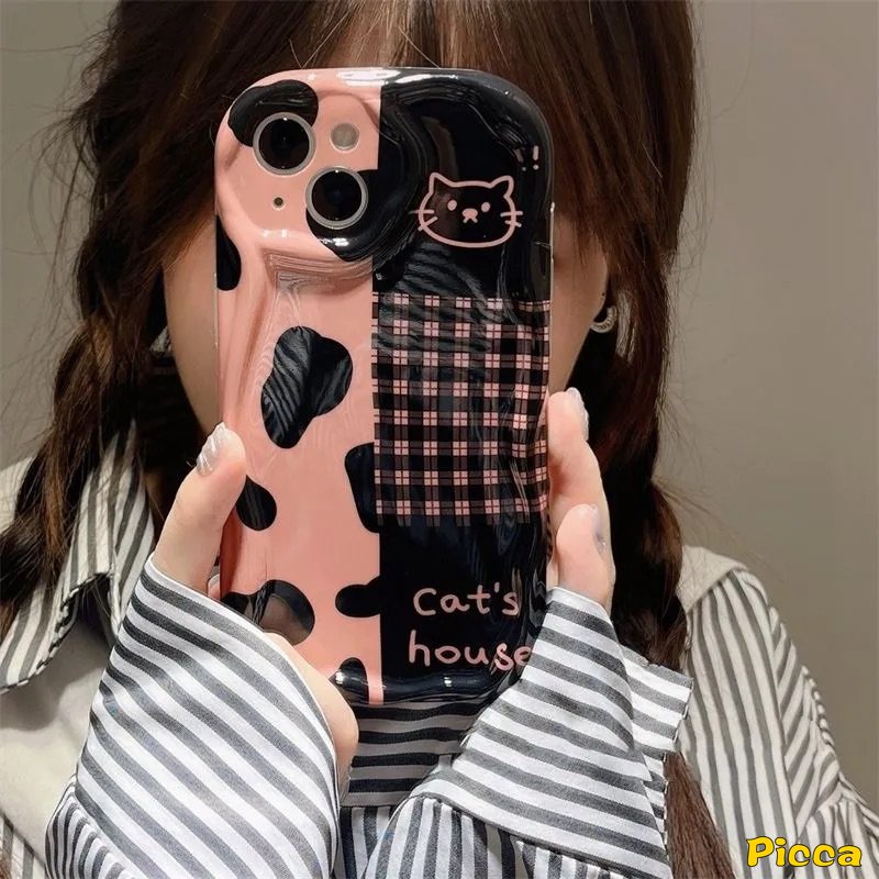 IPHONE Casing 3D Wavy Curved Edge Glossy Shockproof Kompatibel Untuk Iphone11 14 13 12 Pro Max 7Plus XR 6s 6 7 8 Plus X XS Max SE 2020 Leopard Checkerboard Kucing Lucu Airbag Soft Cover