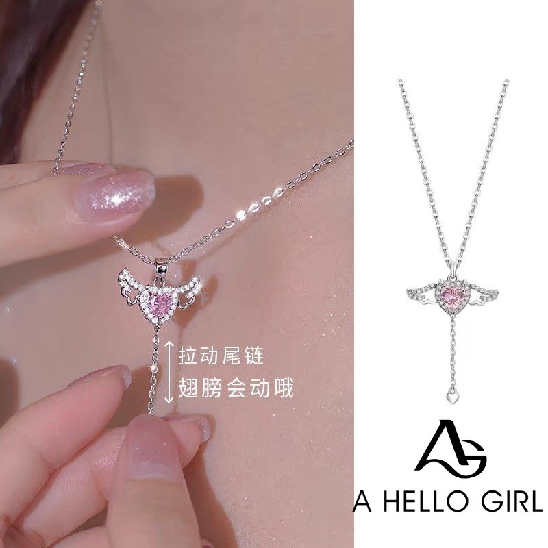 Ahellogirl Cupid Heart Necklace Love Zircon Pink Diamond Romantic Angel Necklace Kalung Hati Mewah