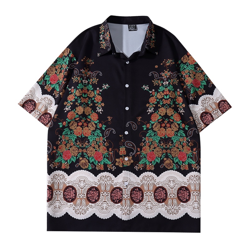 Baju Batik Pria Lengan Pendek Modern Kemeja Hitam Musim Panas Kasual Longgar Kemeja Pantai Pria retr