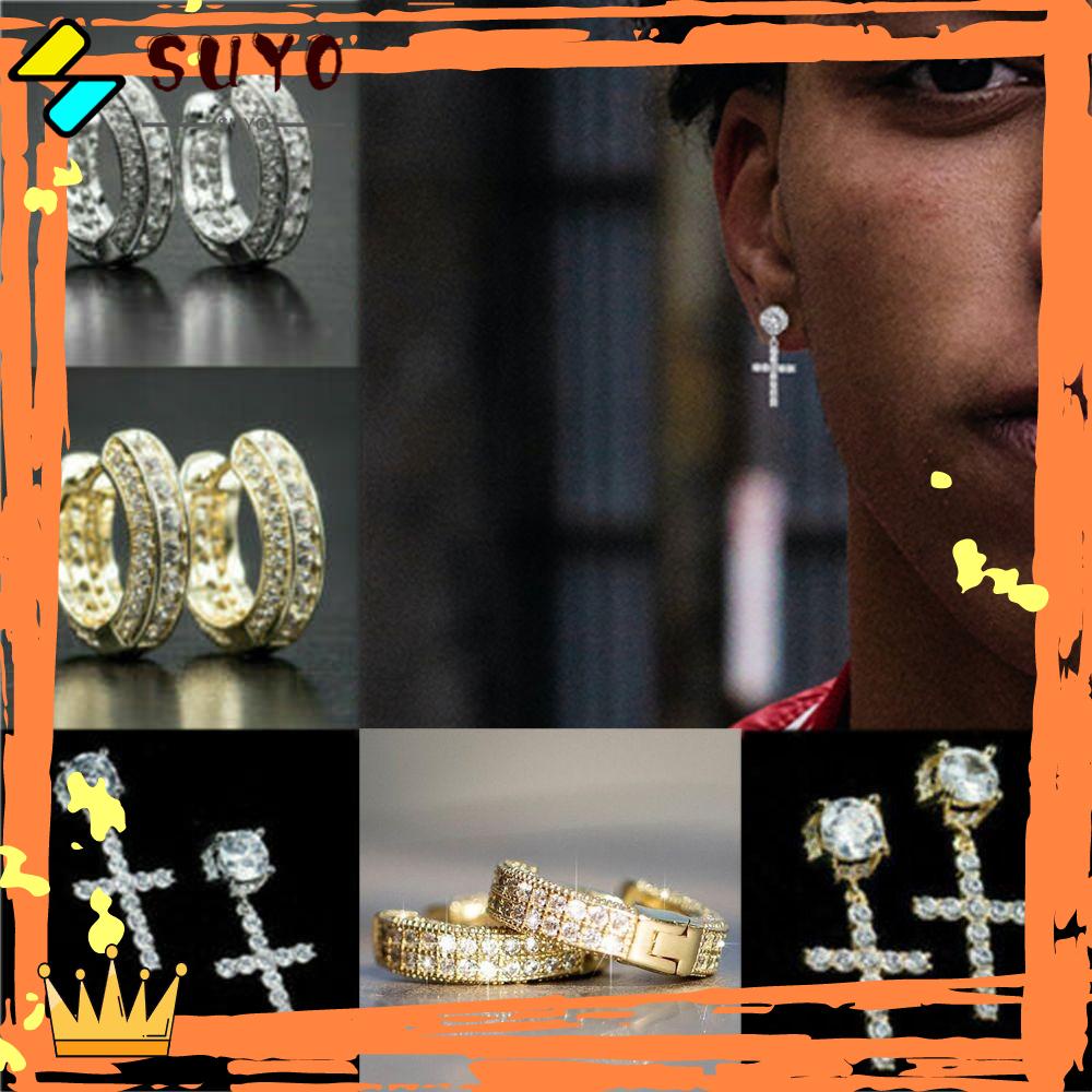 Suyo Anting Salib Wanita Pria Helix Cartilage Tragus Cubic Zirconia Huggie Hoop Earring Zircon Ear Stud