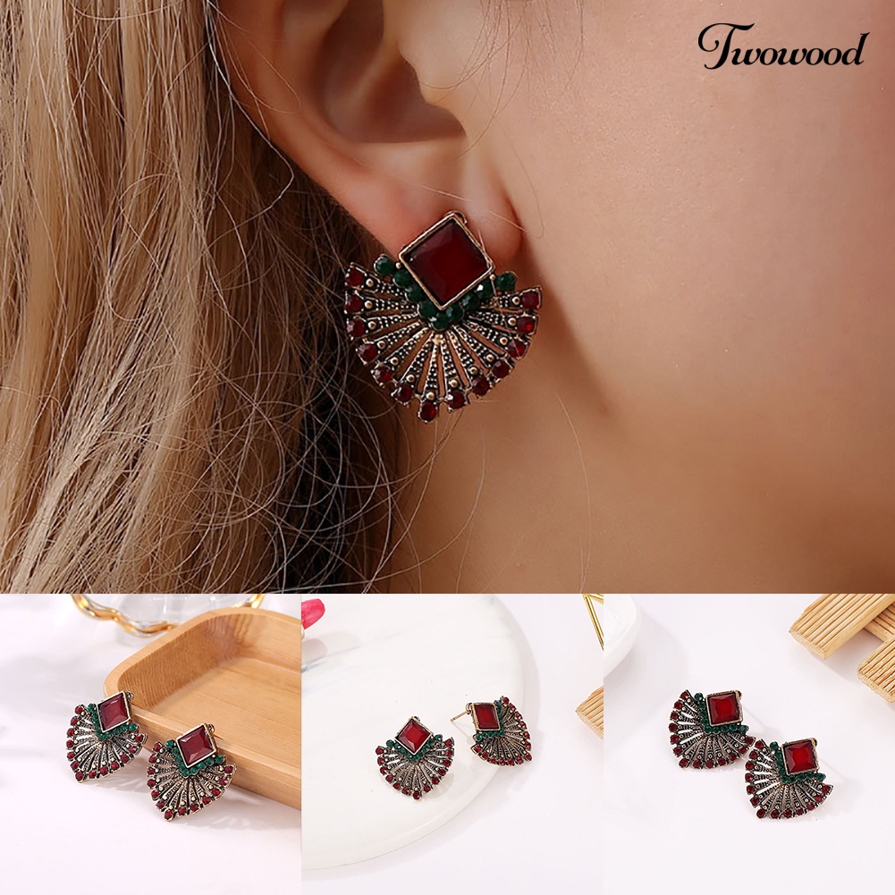 Twowood Wanita Vintage Gaya Etnik Berlian Imitasi Anting Berbentuk Kipas Bohemian Ear Stud Hadiah